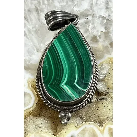 VTG 925 Sterling Nepal Silver Dark Green Malachite Stone Teardrop Pendant 5.5g - Picture 6 of 9